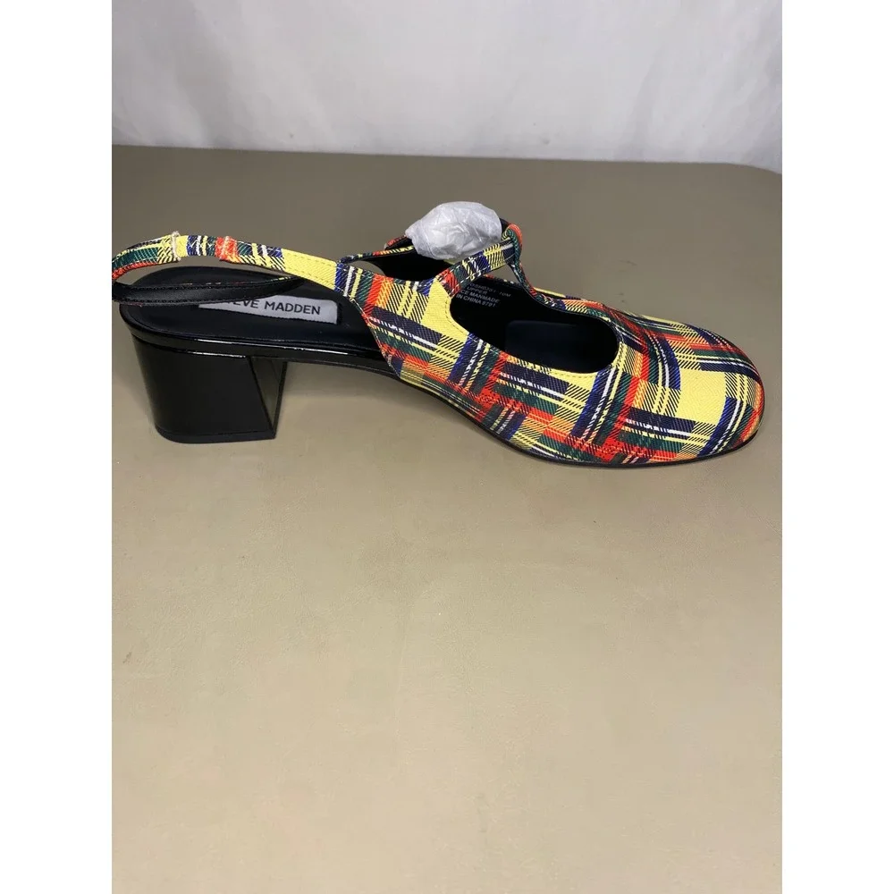 New Steve Madden Yellow Plaid Block Heel Slingback Pumps Mules 10 Punk Preppy